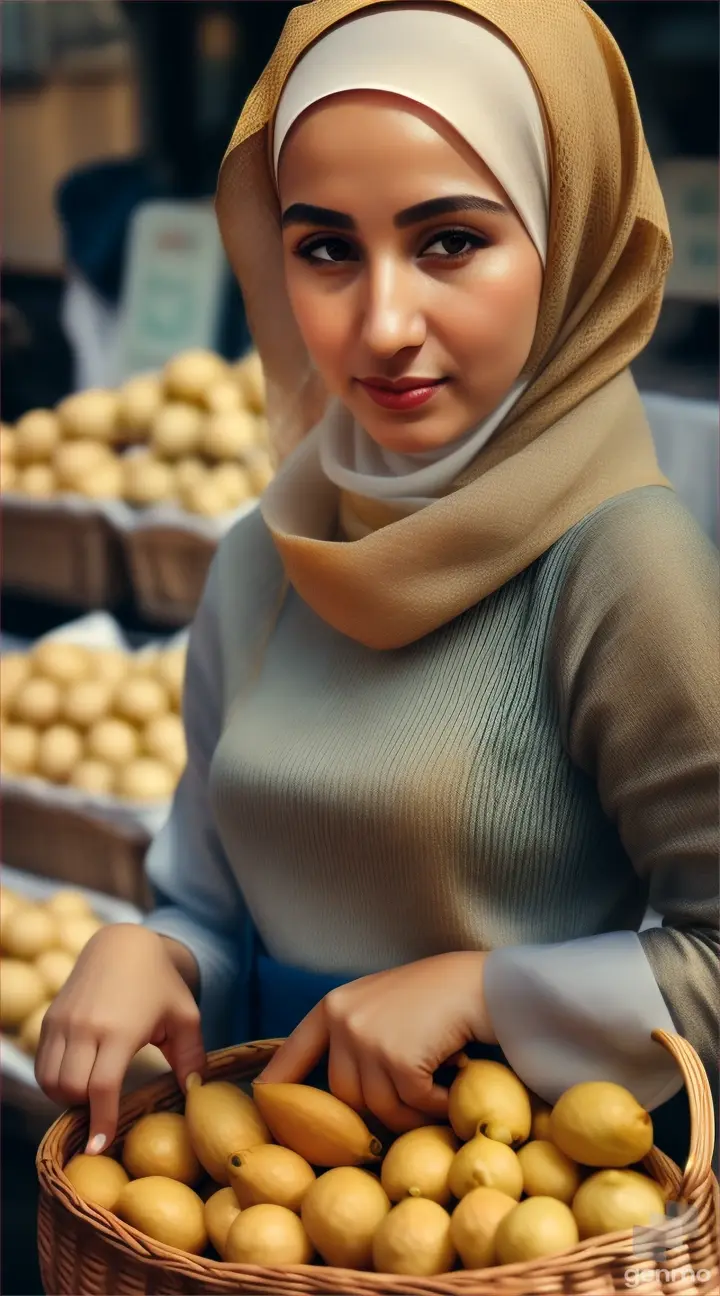 a woman in a hijab holding a basket of lemons