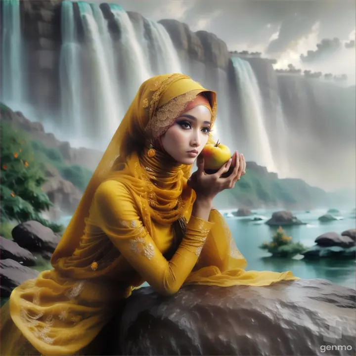 a woman in a yellow hijab holding an apple