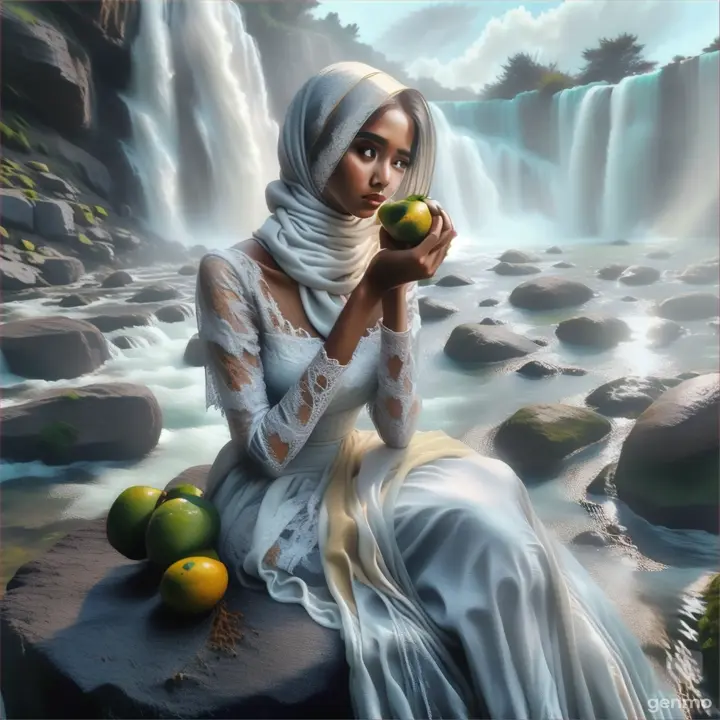 a painting of a woman sitting on a rock next to a waterfall