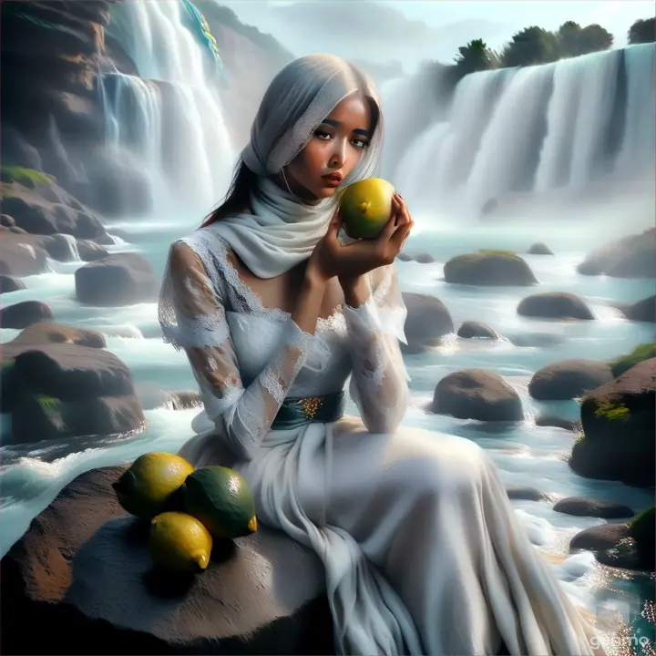 a painting of a woman sitting on a rock next to a waterfall lemon