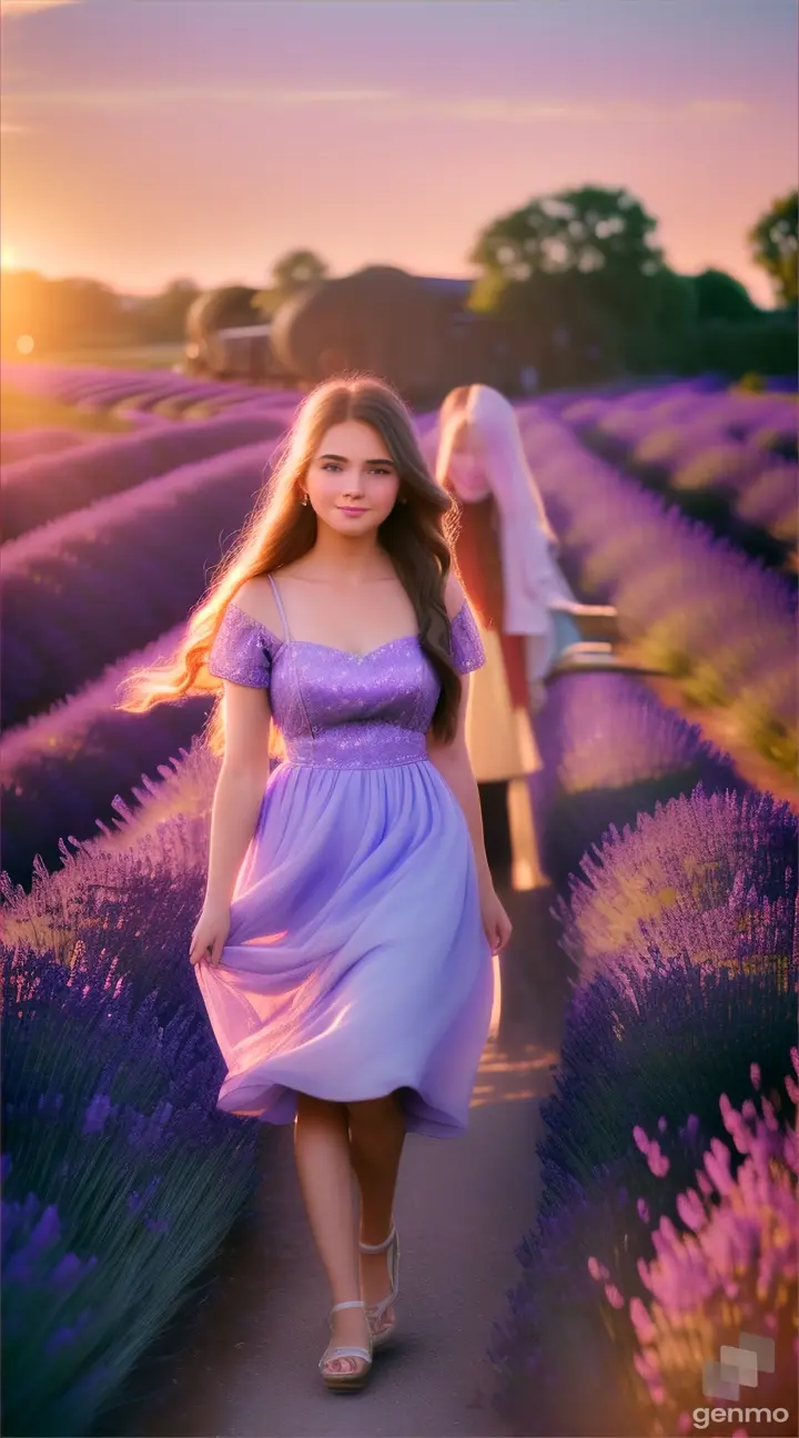 a beautiful girl in a lavender dress with a train runs along a lavender field, sunset, a man  after her