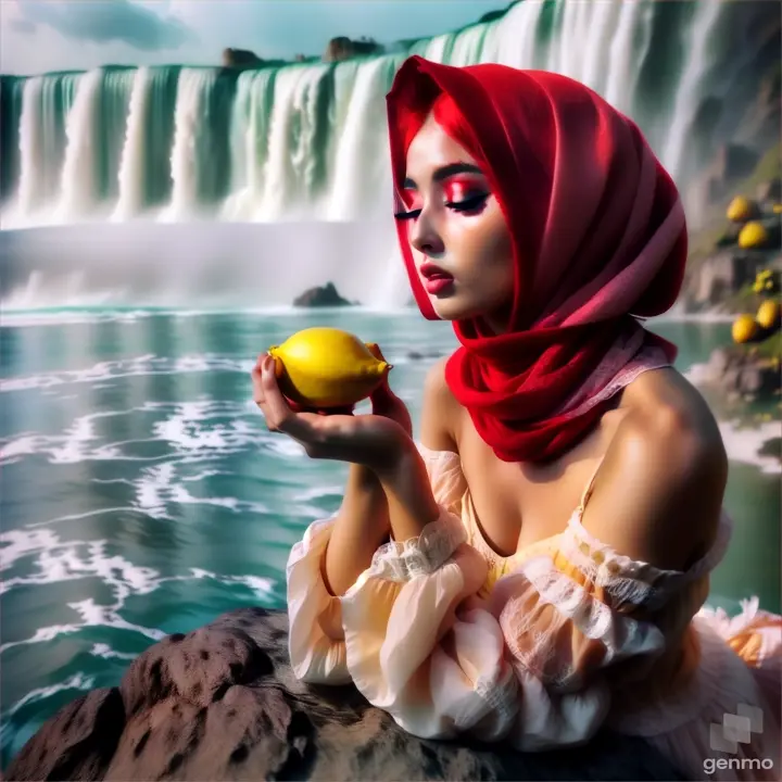 a woman in a red head scarf holding an lemon 🍋