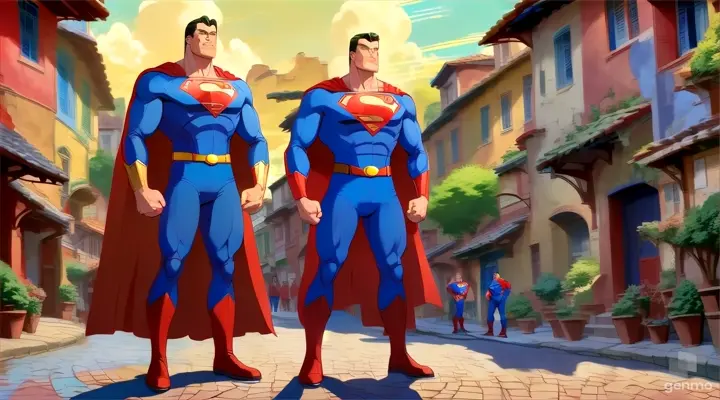 two animated supermans standing in the middle of a street