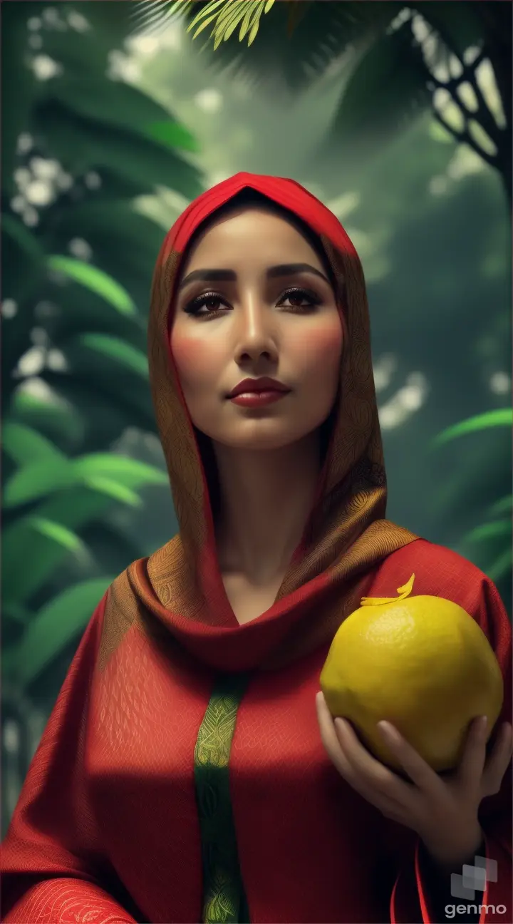 Wanita bule cantik memakai jilbab warna merah berdiri merunduk memikul buah Lemon Raksasa di tengah hutan belantara