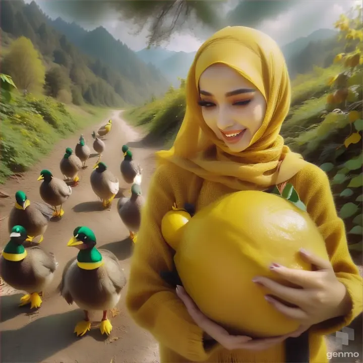 a woman in a yellow hijab is holding a lemon
