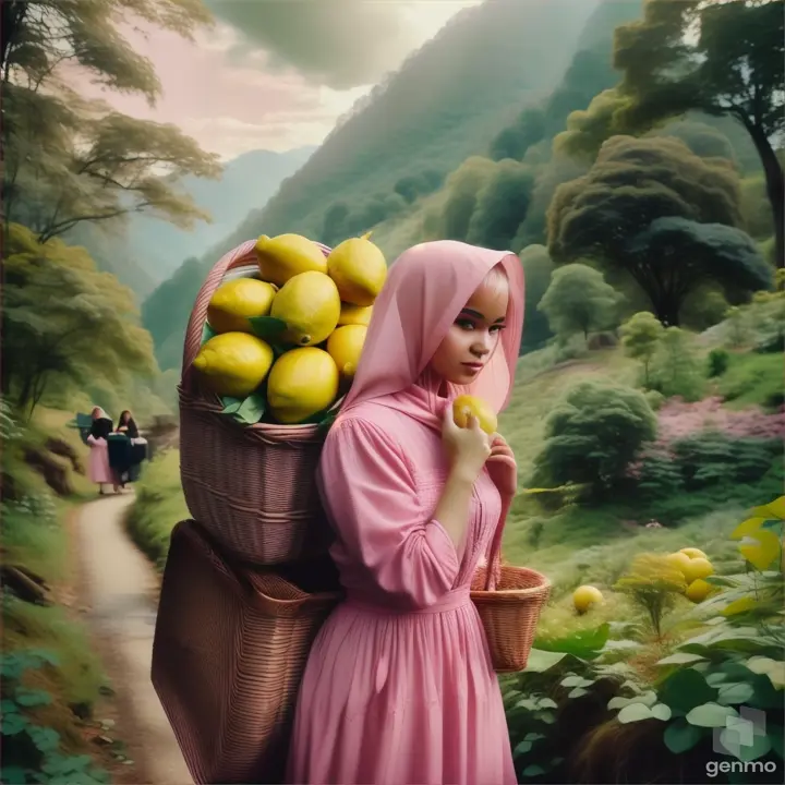 a woman in a pink dress carrying a basket of Lemon 🍋