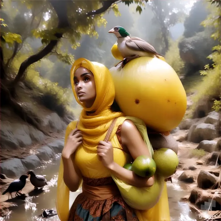 a woman in a yellow outfit carrying a large bag of fruit