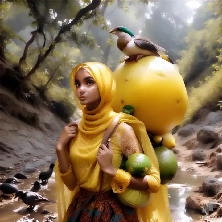 a woman in a yellow outfit carrying a large bag of Lemon 🍋 Raksasa
