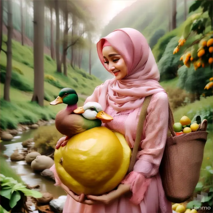 a woman in a pink hijab holding a basket of Lemon 🍋 Raksasa and a duck