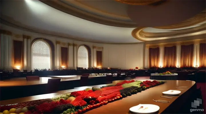 Conference table covered with fruit and snacks. Well-dressed people walk around and make small talk. The background is a large hall in an opera house with large windows and the sun is shining through the windows. cinematic lighting