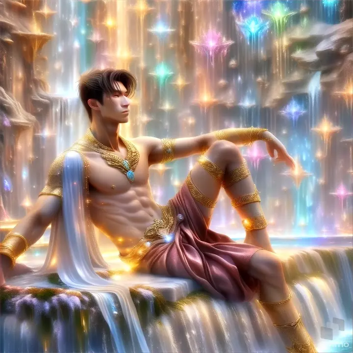 Man sits on a glowing waterfall in a crystal cavern illuminated by the heavens above