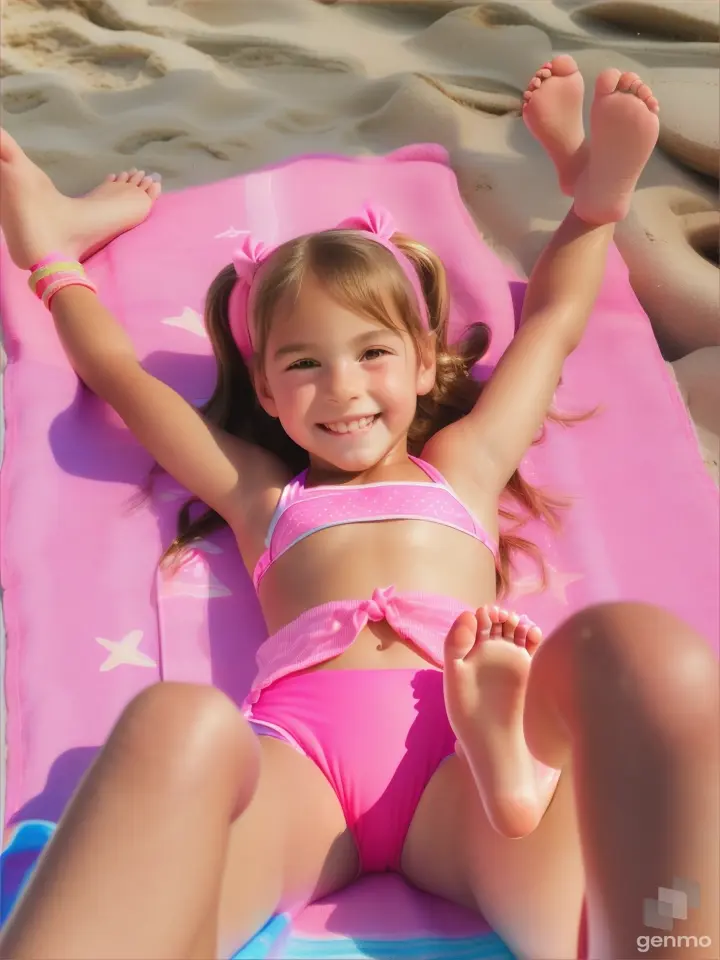 
Little girl, age 7 years old, 7 yo, pigtails, beach, pink beach wear bikini, pink toenails, happy, legs, bare feet, lay down, wide, legs  high up, close up body 
