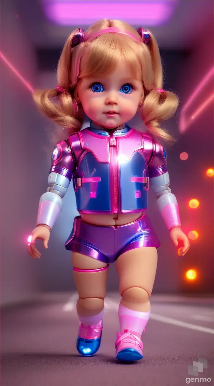 A very cute and sweet little futuristic baby doll of 2 years age with beautiful blue eyes wearing a pink futuristic outfit like cute top and full shorts is running through the streets of USA very very fast towards us chasing a thief like an athlete runner, very cute and sweet fair with long golden hair, perfect and prominent features with perfect animations, should become viral on Youtube, one of a kind, pinkish cheeks, chubby cheeks, extremely beautiful, stunning special effects of red and blue lighting, unique, front view, 64K, 9:16 ratio” please make it a perfect professional video which is 100% perfect
