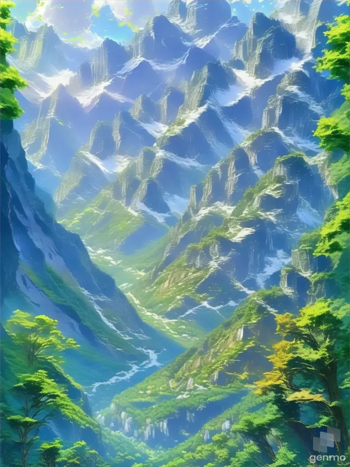 a painting of a mountain landscape with a river running through it