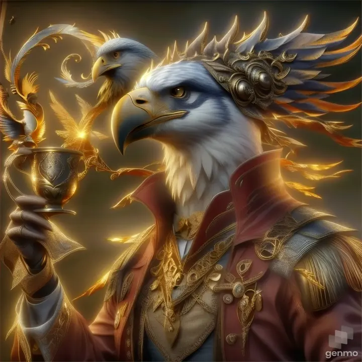 a bald eagle dressed in gold holding a cup