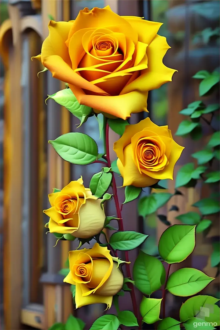 three yellow roses with green leaves in front of a building