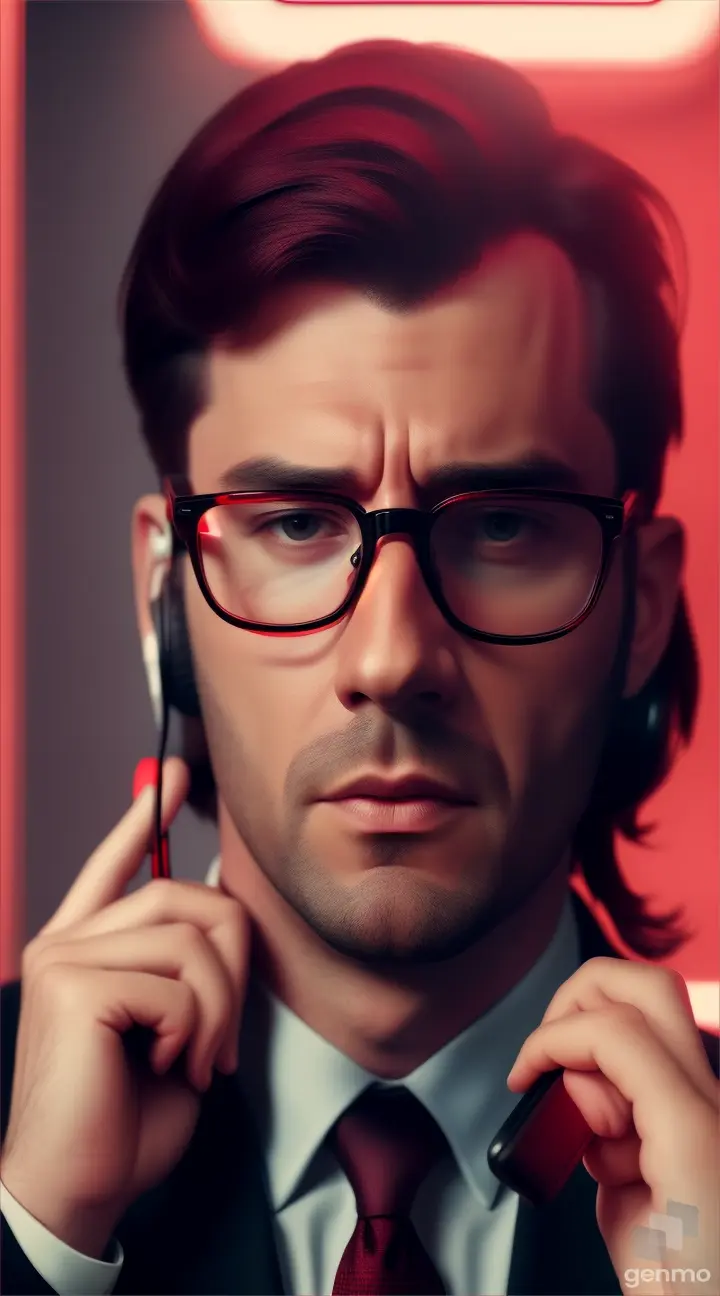 Calm Loser in glasses calls on a wired phone, red and black prevails, professional, cinematic