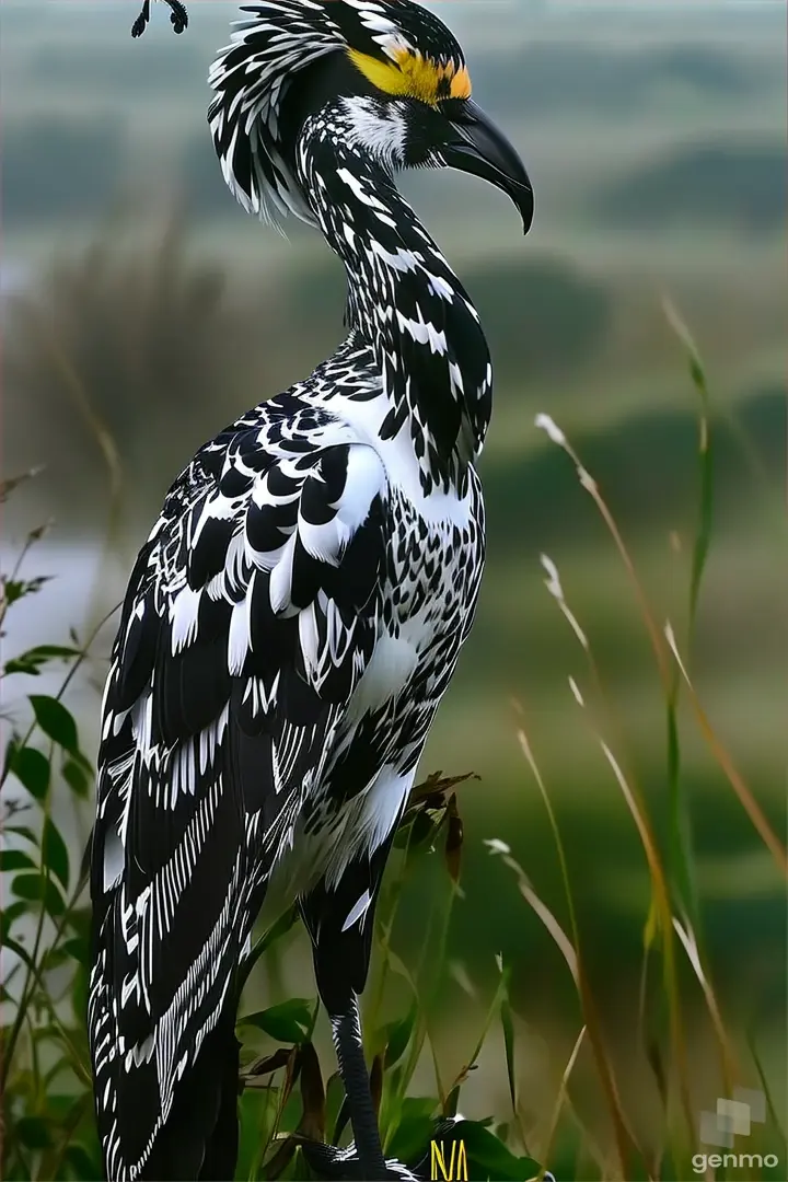 a black and white bird standing on top of a lush green field