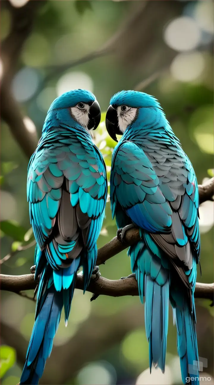 two blue parrots sitting on a tree branch