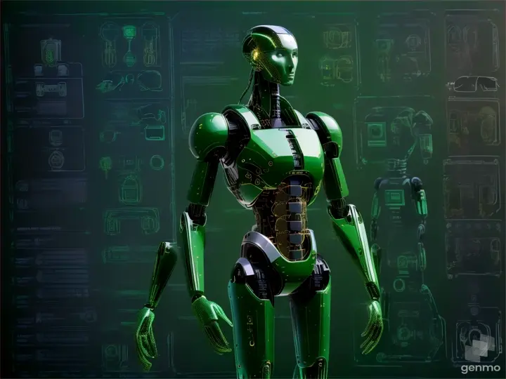 a green robot standing in front of a green background