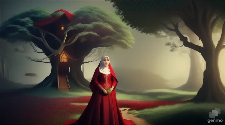 Wanita bule cantik memakai jilbab warna merah menggenggam bawang merah berarti dibawah rumah pohon ditengah hutan belantara