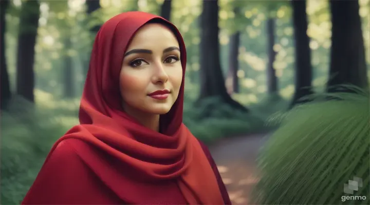 Wanita bule cantik memakai jilbab warna merah menggenggam bawang merah berdiri dibawah rumah pohon ditengah hutan belantara