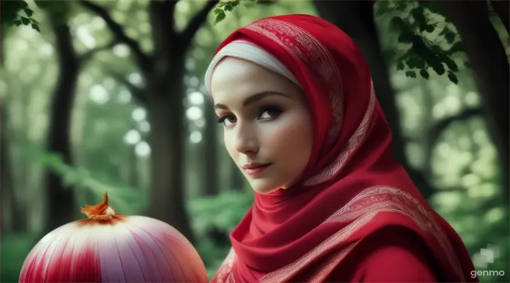 Wanita bule cantik memakai jilbab warna merah menggenggam bawang merah besar berdiri dibawah rumah pohon ditengah hutan belantara