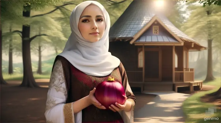 Wanita bule cantik memakai jilbab warna putih menggenggam bawang merah besar berdiri dibawah rumah pohon ditengah hutan belantara