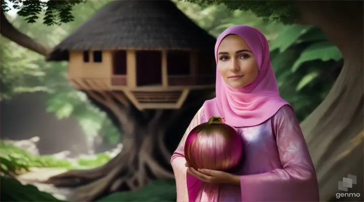 Wanita bule cantik memakai jilbab warna pink menggenggam bawang merah besar berdiri dibawah rumah pohon ditengah hutan belantara