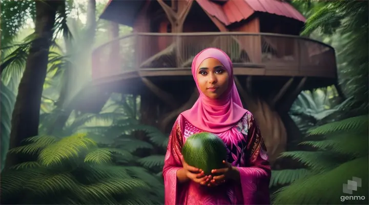Wanita bule cantik memakai jilbab warna pink menggenggam bawang merah besar berdiri dibawah rumah pohon ditengah hutan belantara