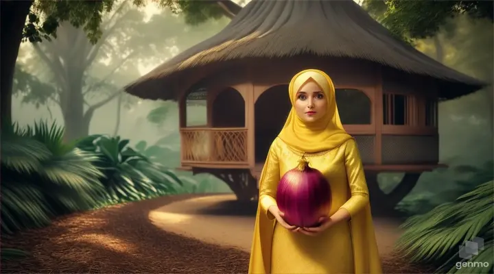 Wanita bule cantik memakai jilbab warna kuning menggenggam bawang merah besar berdiri dibawah rumah pohon ditengah hutan belantara