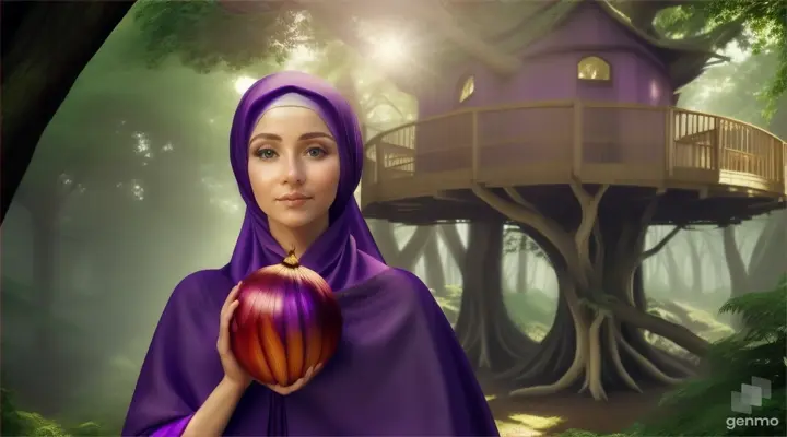 Wanita bule cantik memakai jilbab warna ungu menggenggam bawang merah besar berdiri dibawah rumah pohon ditengah hutan belantara