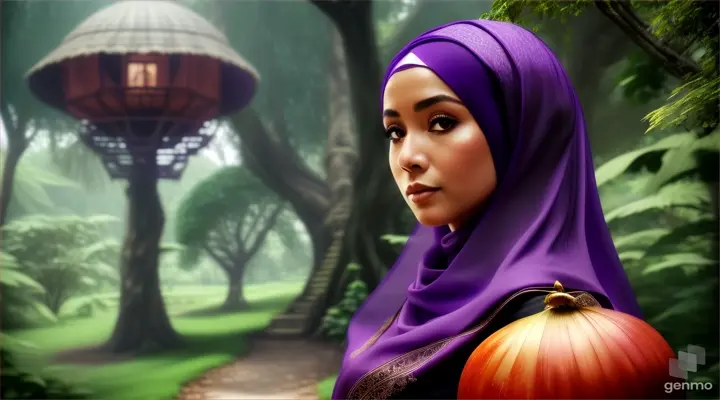 Wanita bule cantik memakai jilbab warna ungu menggenggam bawang merah besar berdiri dibawah rumah pohon ditengah hutan belantara