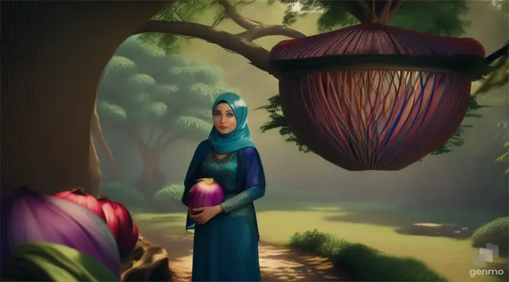 Wanita bule cantik memakai jilbab warna biru menggenggam bawang merah besar berdiri dibawah rumah pohon ditengah hutan belantara