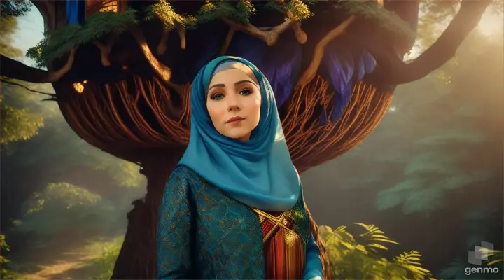 Wanita bule cantik memakai jilbab warna biru menggenggam bawang merah besar berdiri dibawah rumah pohon ditengah hutan belantara