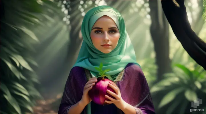 Wanita bule cantik memakai jilbab warna hijau menggenggam bawang merah besar berdiri dibawah rumah pohon ditengah hutan belantara