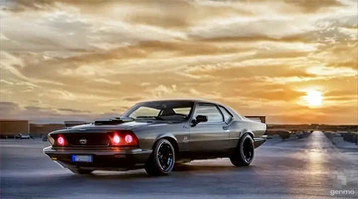 a car parked in a parking lot at sunset