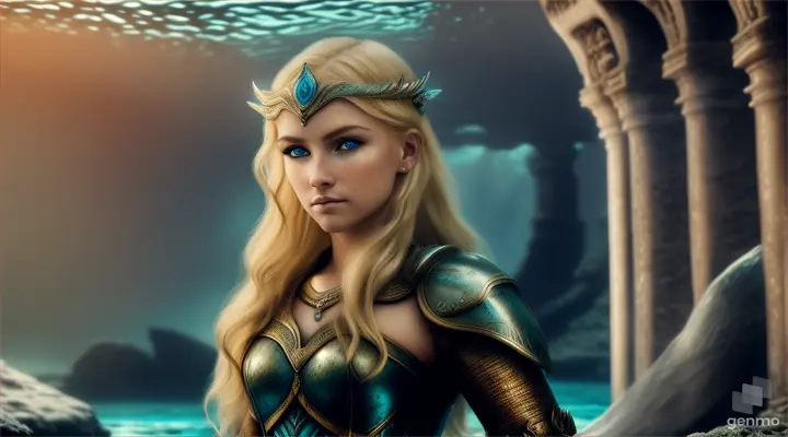 (masterpiece, best quality), close up, A beautiful blonde mermaid warrior with piercing eyes looking down at the ground, in the ruins of Atlantis. a dark and moody atmosphere deep depths of the ocean, sea floor, ground, water motion,