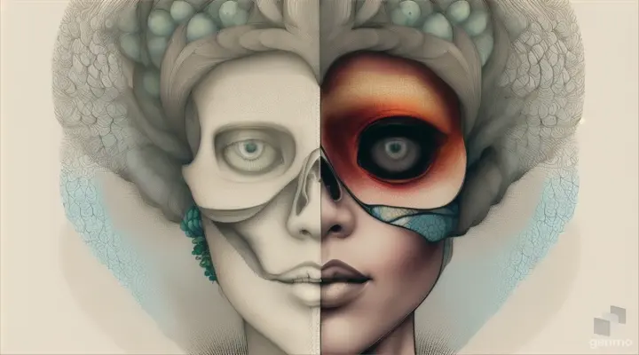 A beautiful front facing portrait of a perfectly formed human skull with a bonsai tree growing as its brain, illustration by Aaron Horkey, watercolor by minjae lee, masterpiece poster art vector colored illustration, hyper detailed fine thin lines, bold colors, symmetrical, shrine, epic retro futuristic pop art. A striking & surreal portrait of a woman with the right side of her face rendered in pointillism, featuring a delicate & intricate pattern. The left side of her face is depicted in a psychedelic mix of black, white, & blue colors, showcasing a highly detailed & vivid design. Crystal geodes infinity nano black particles exploding black acrylic metallic paint glass dripping oozing, macro photography photorealistic unreal engine5 maya3d zbrush vray octane. The contrast between the two artistic styles creates an intriguing and captivating effect. The overall quality of the image is exceptional, with a sense of depth and texture that speaks to the artist's mastery of technique., painting, photo-realistic, UHD HDR 32K symmetrical masterpiece. A masterful, black and white fine art painting that intricately captures the essence of a woman's profile using the natural forms of corals. Her eyes, nose, and lips are exquisitely formed by the intricate intertwining of the coral details, casting deep shadows against the stark white canvas. The artist's skillful and precise brush strokes bring out the delicate nuances of her face, creating a striking contrast with the dark silhouette of the corals and the white background. This powerful, monochromatic image evokes a sense of depth and complexity from a seemingly simple subject matter, showcasing the artist's exceptional talent. The hyperrealistic, 3D render features vibrant, cinematic conceptual art elements that blend together to create a captivating portrait photography piece. The fashion-inspired illustration captures the essence of a woman's profile, photo, vibrant, conceptual art, cinematic, fashion, portrait photography, illustration, painting, 3d render