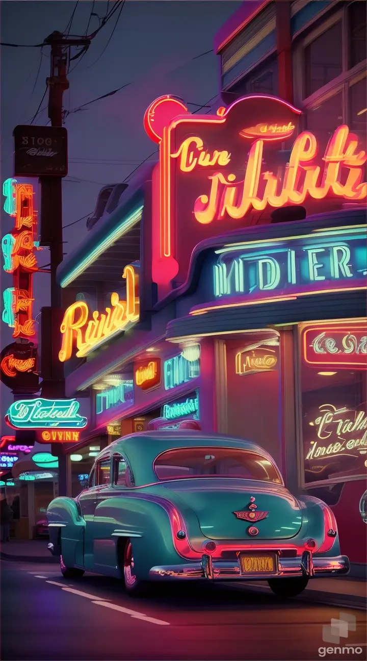 Retro diner at twilight, neon signage glowing, digital illustration in a 1950s style 1：2