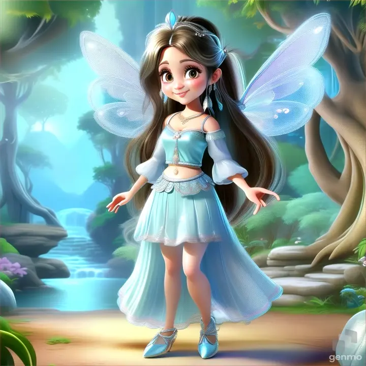 a beautiful  fairy wearing ,long light blue skirt and blouse smiling  and standing   in ajungle with big eyes long hair  and silver slippper 3D animation cartoon  wearing silver slipper indian style  zoom  out 