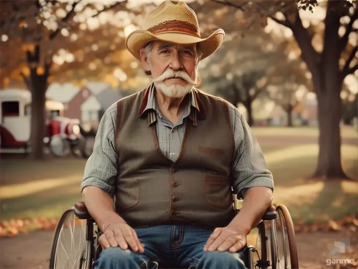 A man with a cowboy hat and thin red brown small mustache, chin beard and sideburns, dressed as a farmer sitting in a wheelchair in a park.