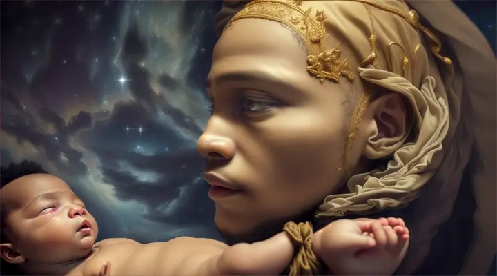  one particularly auspicious eve of mystical portents under a star-blazoned Judean night sky, the dramatic birth cry of a radiant black newborn male son heralded the watershed epoch of fulfillment so longed and prophesied. .4K ultra-realistic”