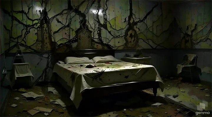 a bed sitting in a room with peeling paint on the walls