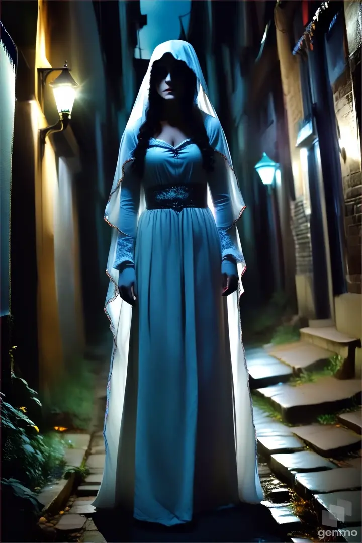 a woman dressed in a ghost costume walking in an alleyway