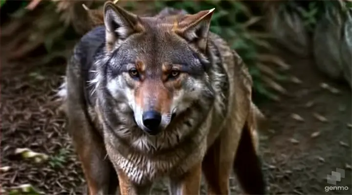 a wolf walking on a path in the woods
