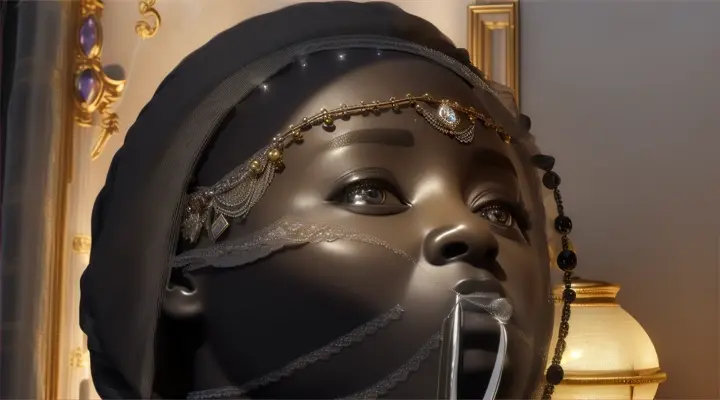 In an impoverished stone manger within the occupied city of Bethlehem, his black mother Miriam gazed down in rapturous adoration at the newborn black boy ebony-hued flesh glistening like a polished onyx cabochon in the flickering lamp oil's glow..4K ultra-realistic”
