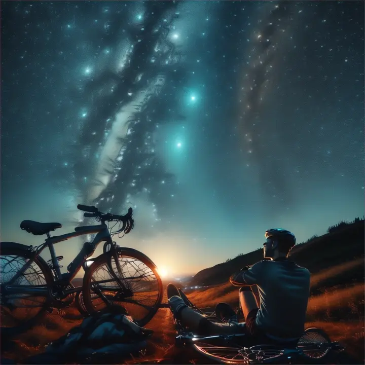 The cyclist sits on the grass, bike propped up beside him, as he looks up at the stars, ending with a fade into the night sky.