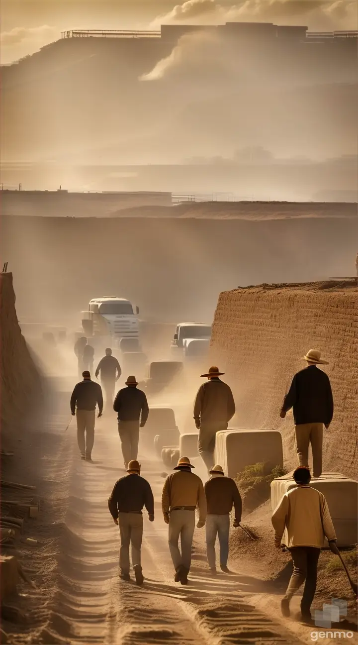 a group of men walking down a dirt road