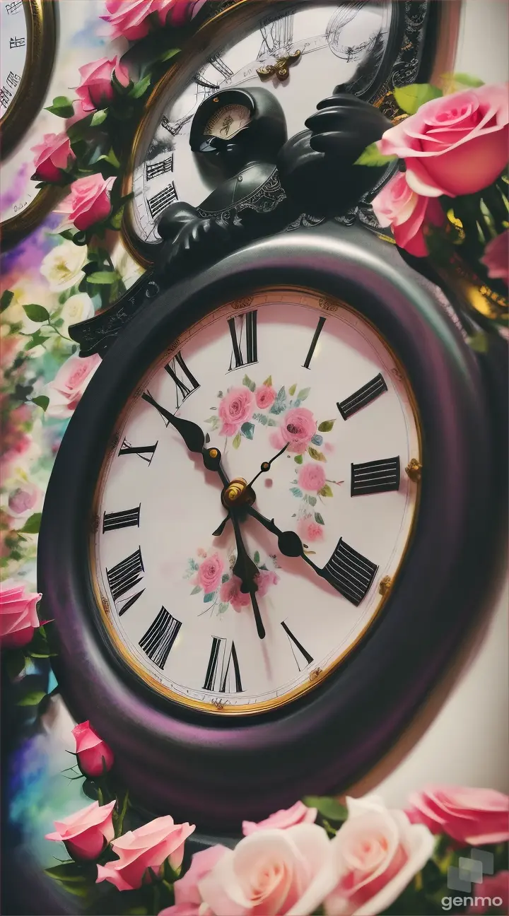 Black inky figure person sitting next to large clock, surrounded by soft watercolor roses in bloom abstract 